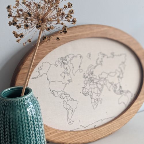 World map fabric and oak frame
