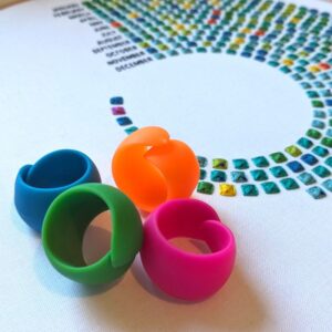 four multi-colourws silicon fabric grips sitting on an embroidery hoop